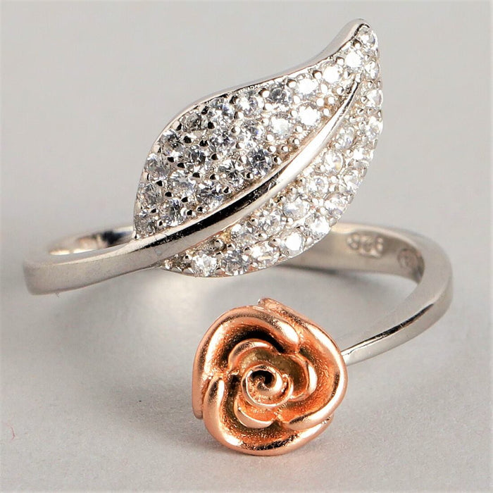 Rose Leaf Rhodium Plated 925 Sterling Silver Ring (Adjustable)