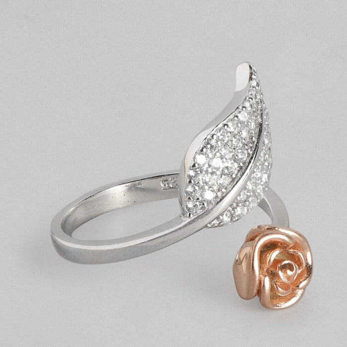 Rose Leaf Rhodium Plated 925 Sterling Silver Ring (Adjustable)