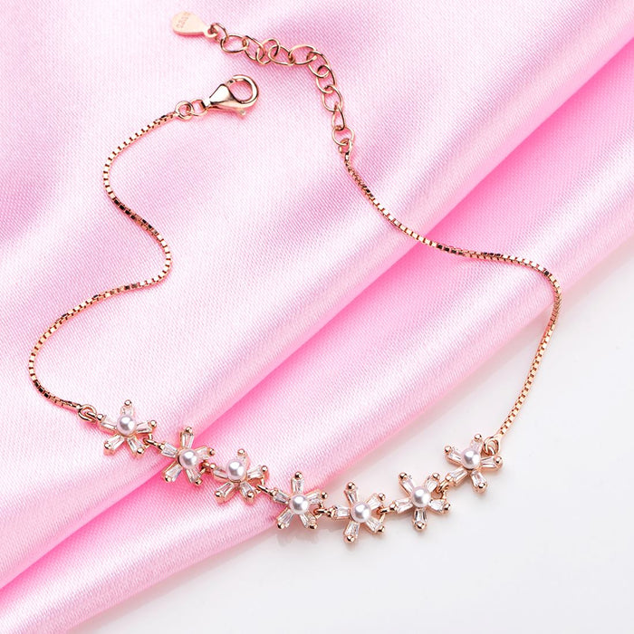 Rose Petal Elegance Pearl-CZ Rhodium Plated 925 Sterling Silver Bracelet