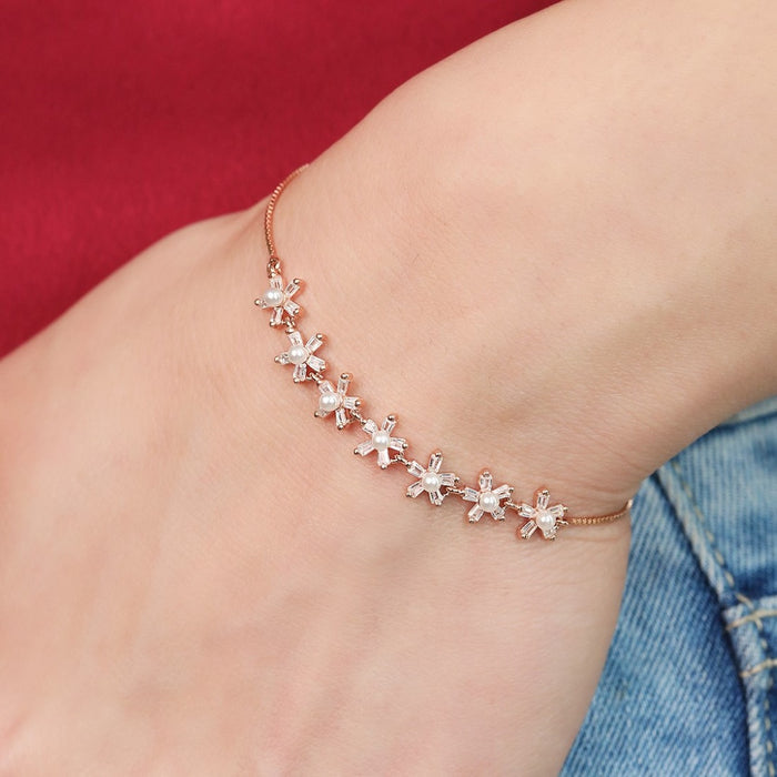 Rose Petal Elegance Pearl-CZ Rhodium Plated 925 Sterling Silver Bracelet