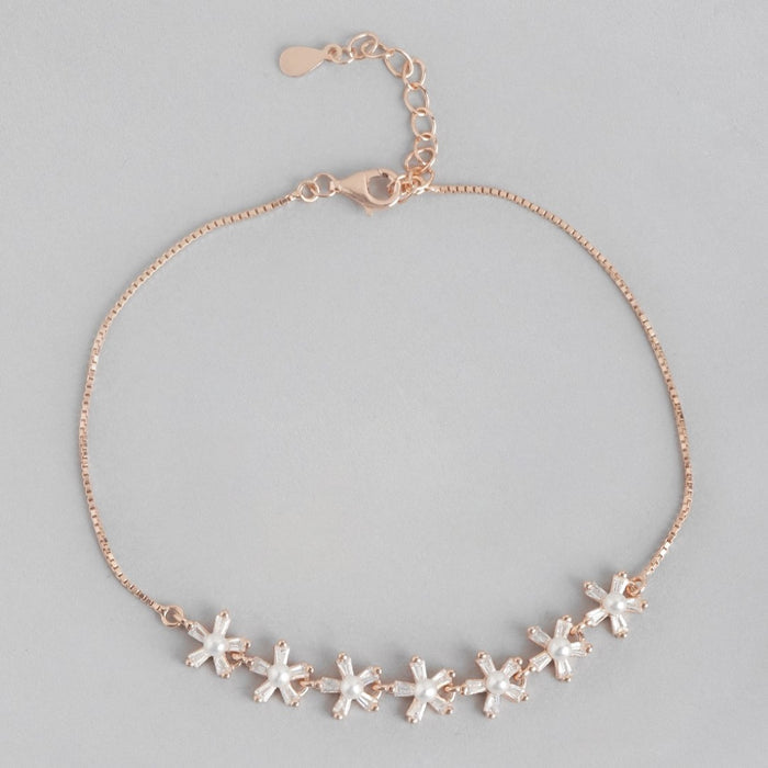Rose Petal Elegance Pearl-CZ Rhodium Plated 925 Sterling Silver Bracelet