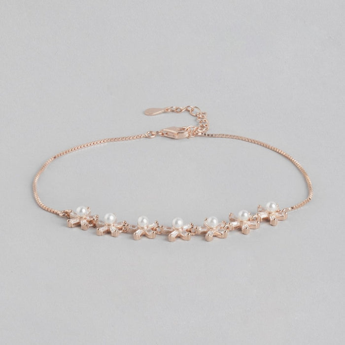 Rose Petal Elegance Pearl-CZ Rhodium Plated 925 Sterling Silver Bracelet