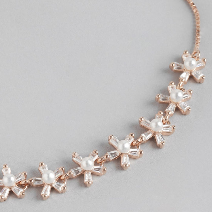Rose Petal Elegance Pearl-CZ Rhodium Plated 925 Sterling Silver Bracelet