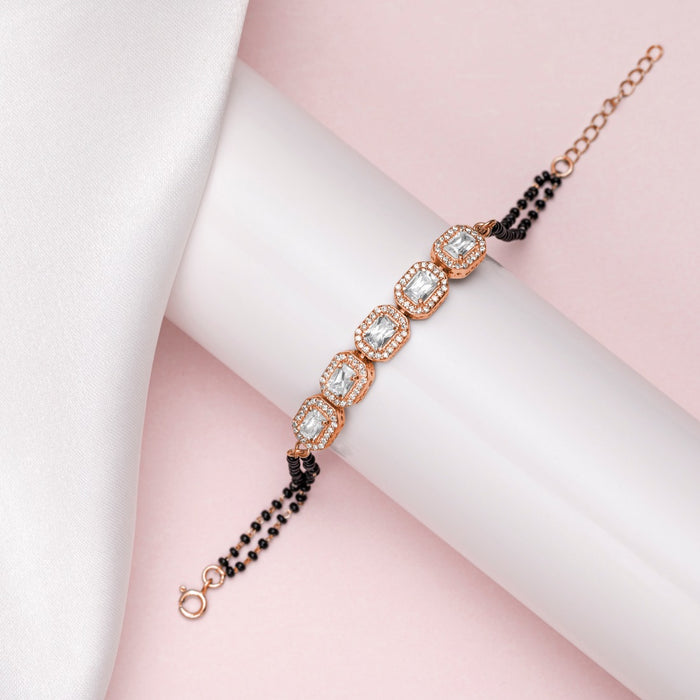 Rose Petal Sparkle CZ & Black Beads Rose Gold Plated 925 Sterling Silver Bracelet
