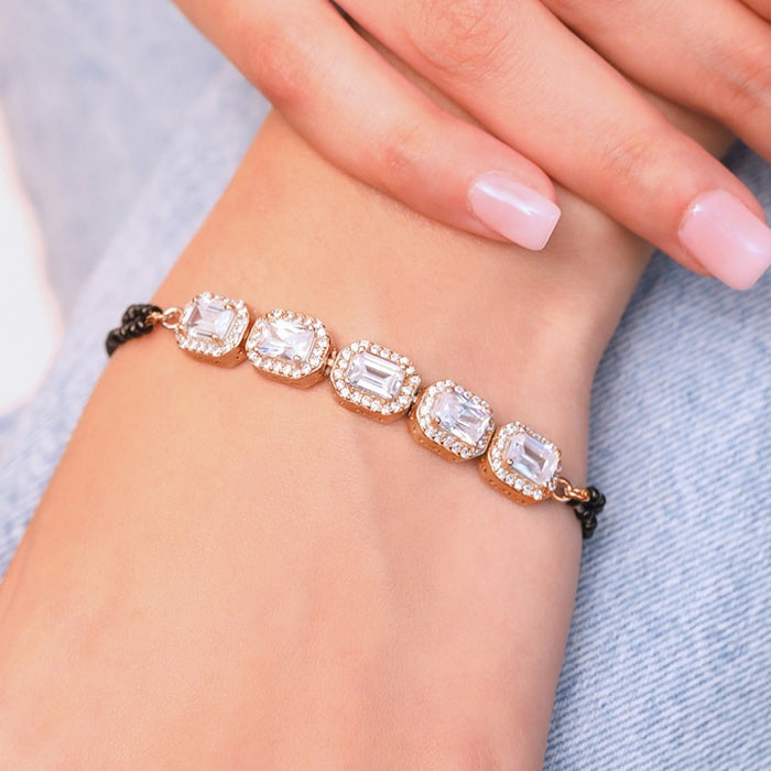 Rose Petal Sparkle CZ & Black Beads Rose Gold Plated 925 Sterling Silver Bracelet