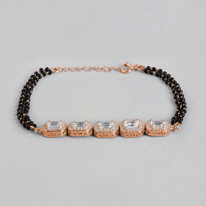Rose Petal Sparkle CZ & Black Beads Rose Gold Plated 925 Sterling Silver Bracelet