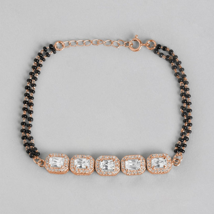 Rose Petal Sparkle CZ & Black Beads Rose Gold Plated 925 Sterling Silver Bracelet