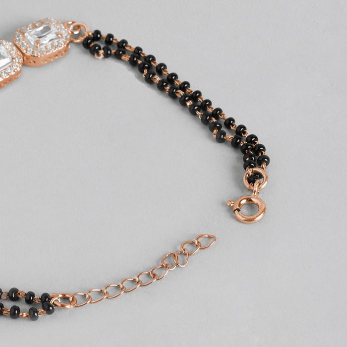 Rose Petal Sparkle CZ & Black Beads Rose Gold Plated 925 Sterling Silver Bracelet