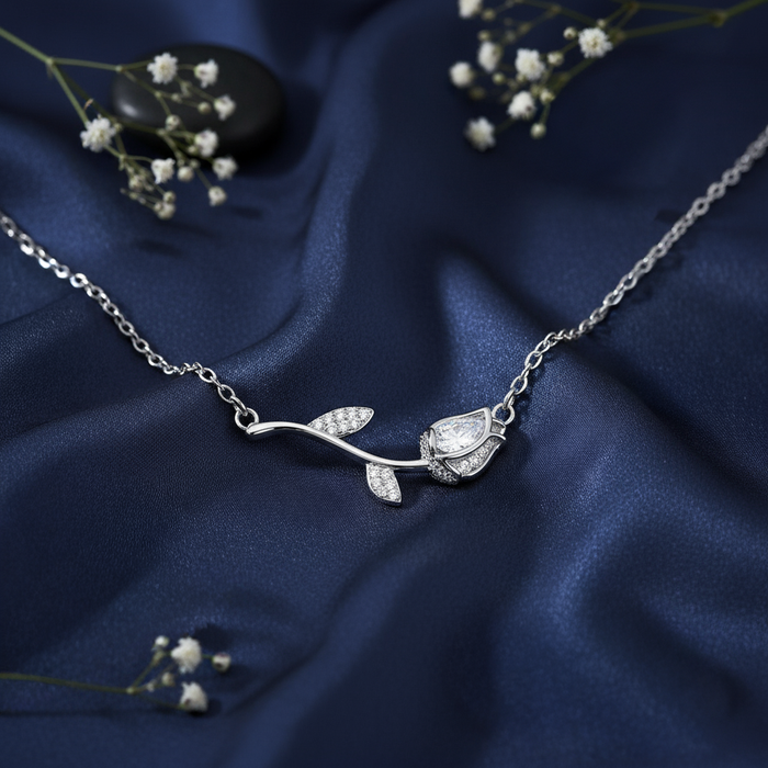 Rose Petals Love Blossoms Rhodium Plated 925 Silver Necklace (Adjustable)