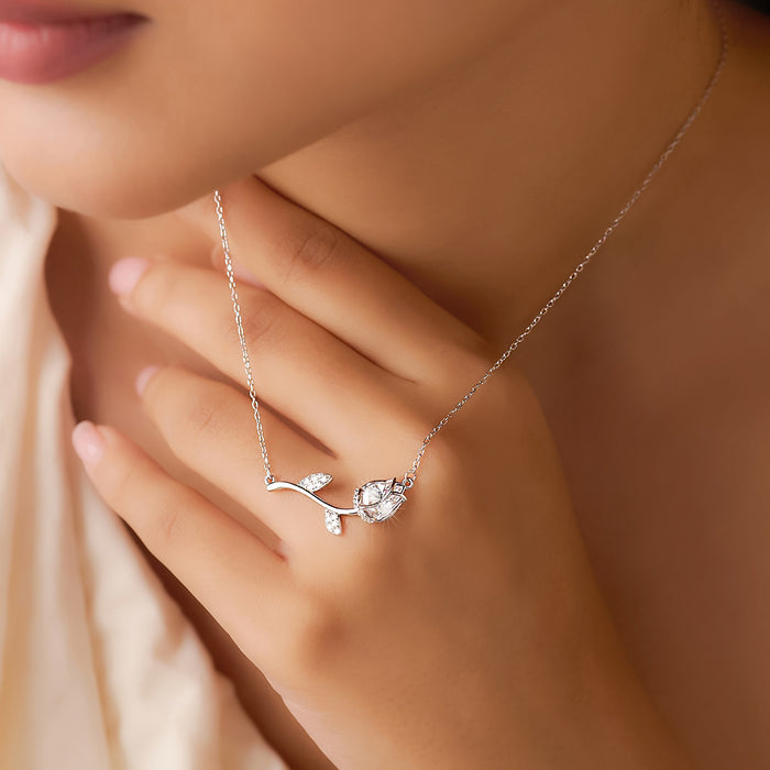 Rose Petals Love Blossoms Rhodium Plated 925 Silver Necklace (Adjustable)