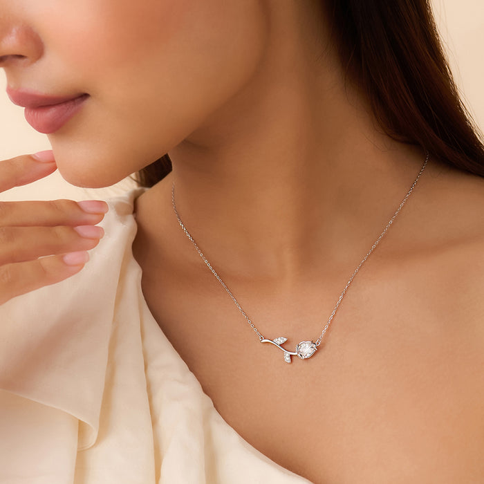 Rose Petals Love Blossoms Rhodium Plated 925 Silver Necklace (Adjustable)