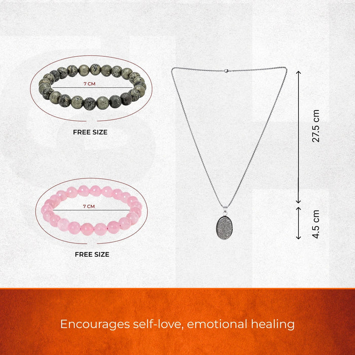 Rose Quartz and Pyrite Bracelet Combo with Pyrite Pendant for Love and Wealth combo - view 4