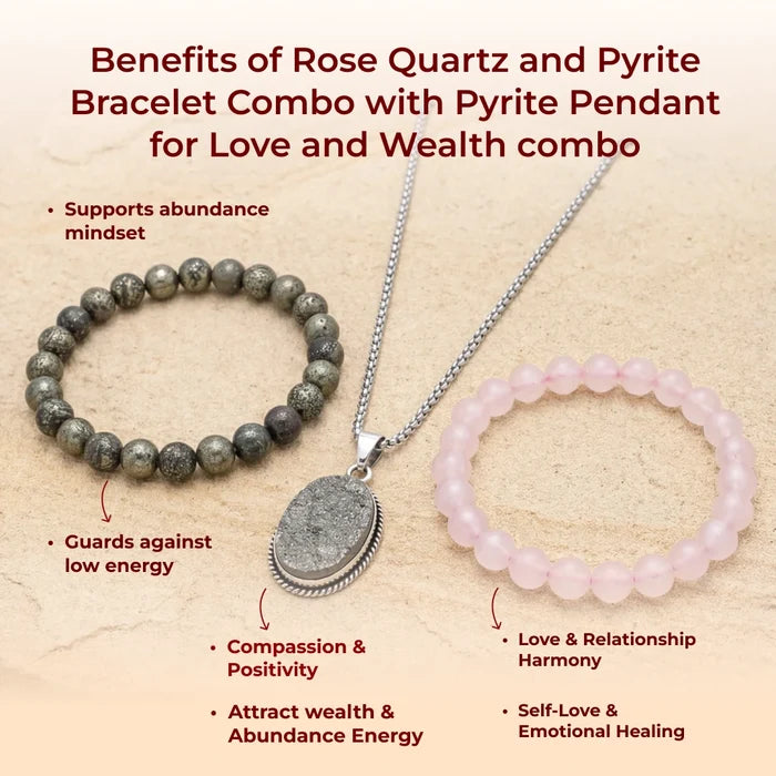 Rose Quartz and Pyrite Bracelet Combo with Pyrite Pendant for Love and Wealth combo - view 5
