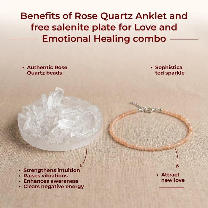 Rose Quartz Anklet and Free Selenite Plate for Love and Emotional Healing Combo - view 4