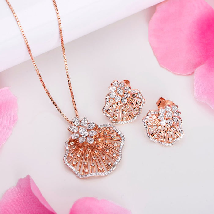 Rosy Bloom Ensemble 925 Sterling Silver Rose Gold-Plated Flower Jewelry Set