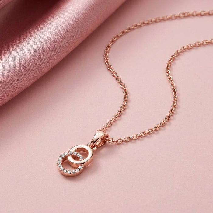 Rosy Halo Rose Gold-Plated Circular CZ 925 Silver Pendant with link Chain