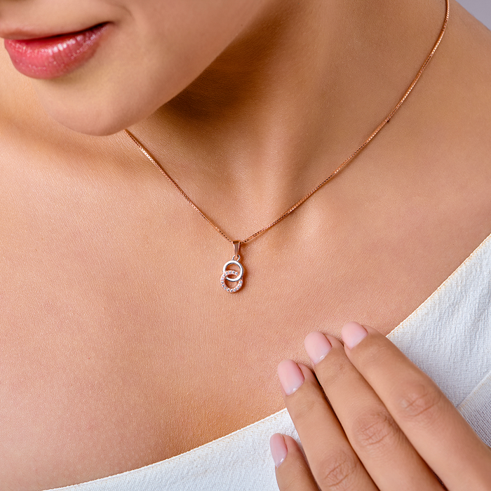 Rosy Halo Rose Gold-Plated Circular CZ 925 Sterling Silver Pendant with Chain