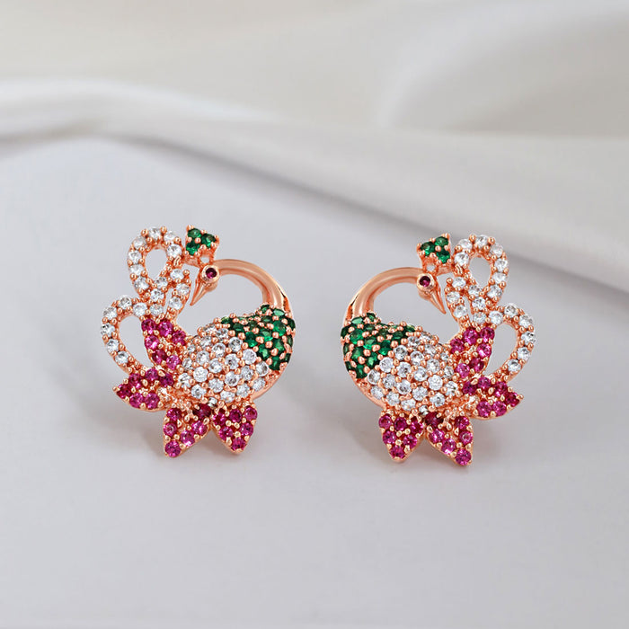 Rosy Peacock Elegance Rose Gold Plated 925 Silver Stud Earrings