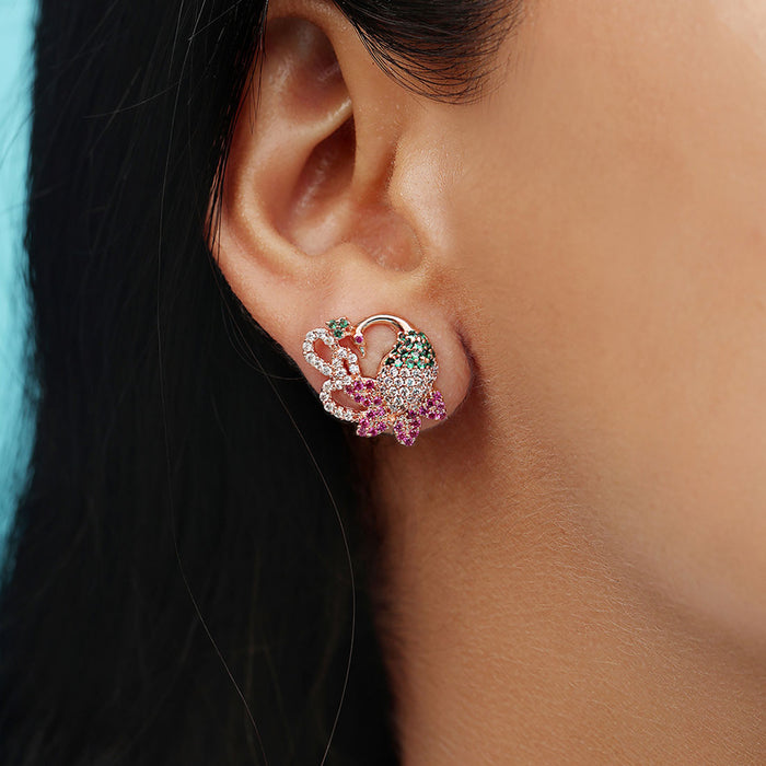 Rosy Peacock Elegance Rose Gold Plated 925 Silver Stud Earrings