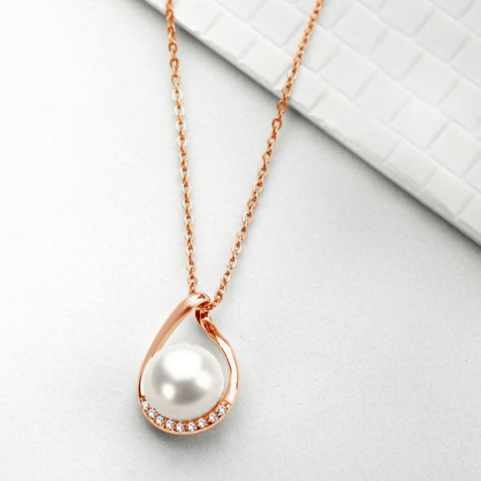 Rosy Radiance CZ-Pearl Rose Gold-Plated 925 Sterling Silver Pendant with Chain