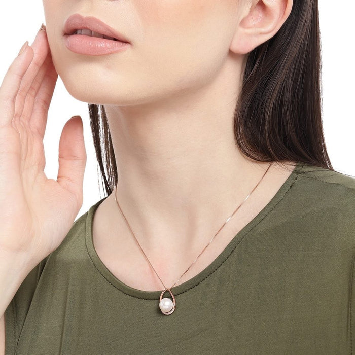 Rosy Radiance CZ-Pearl Rose Gold-Plated 925 Sterling Silver Pendant with Chain