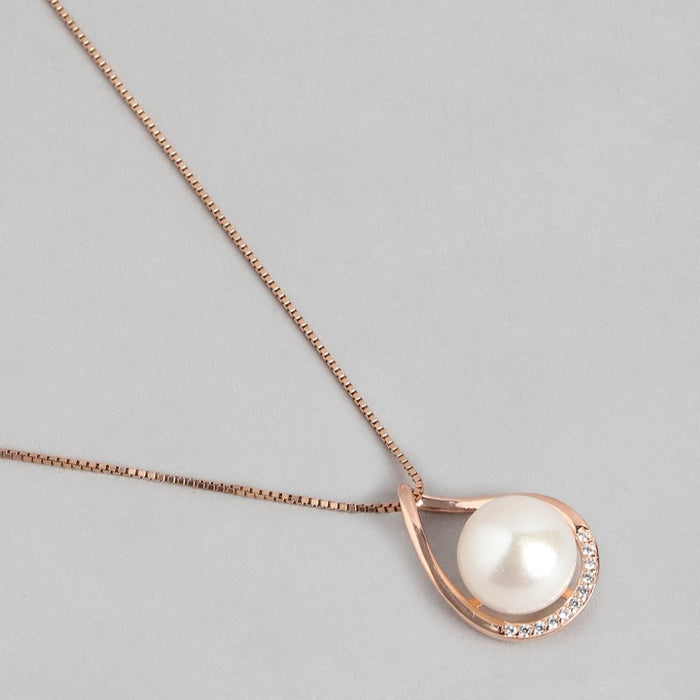 Rosy Radiance CZ-Pearl Rose Gold-Plated 925 Sterling Silver Pendant with Chain