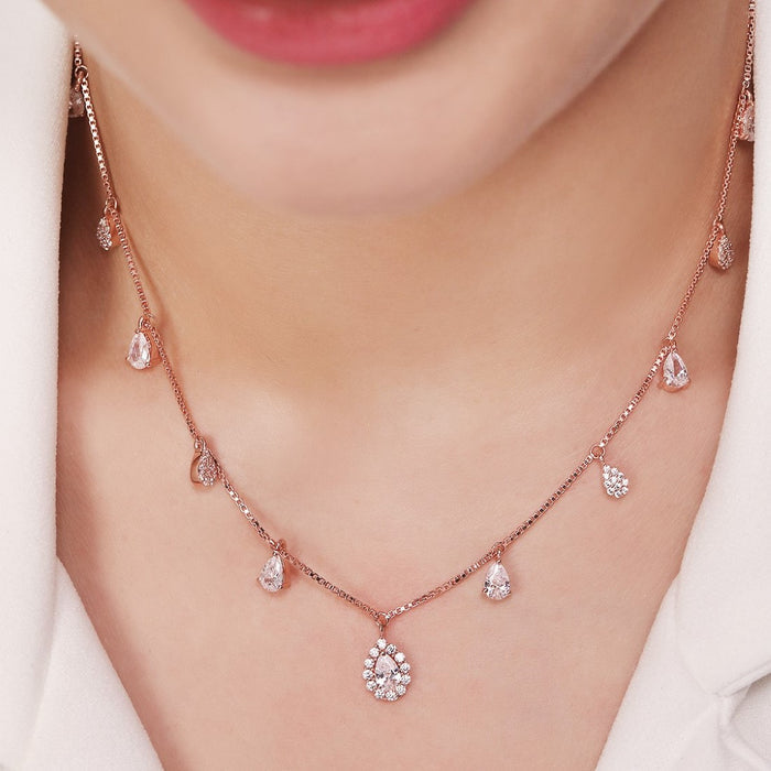 Rosy Radiance Rose Gold Plated CZ Droplet 925 Silver Necklace