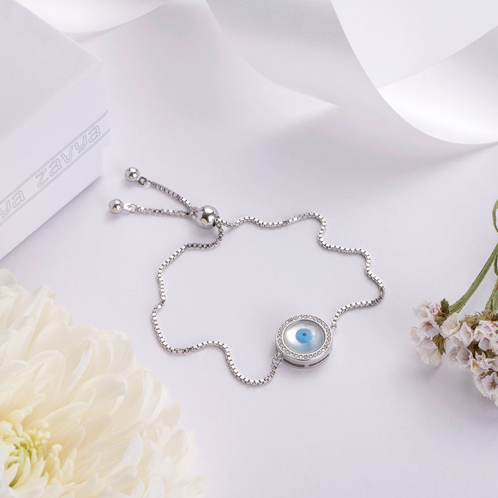 Round Evil Eye Rhodium Plated 925 Sterling Silver Box Chain Bracelet