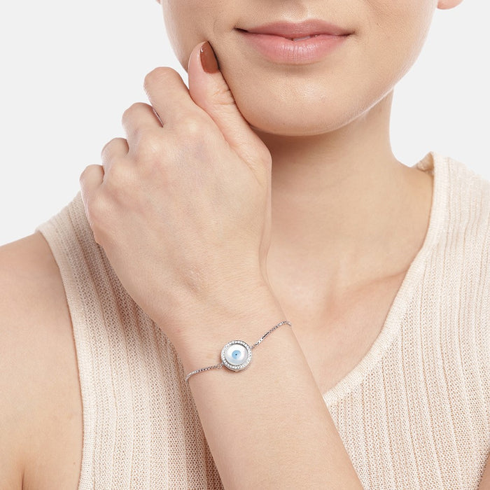 Round Evil Eye Rhodium Plated 925 Sterling Silver Box Chain Bracelet