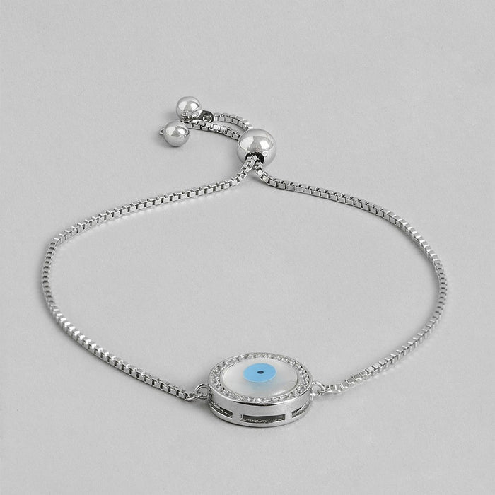 Round Evil Eye Rhodium Plated 925 Sterling Silver Box Chain Bracelet