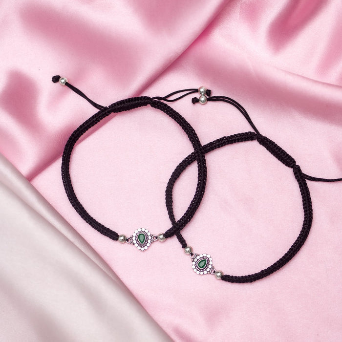 Round Green Stone Rhodium Plated 925 Sterling Silver Drawstring Anklet