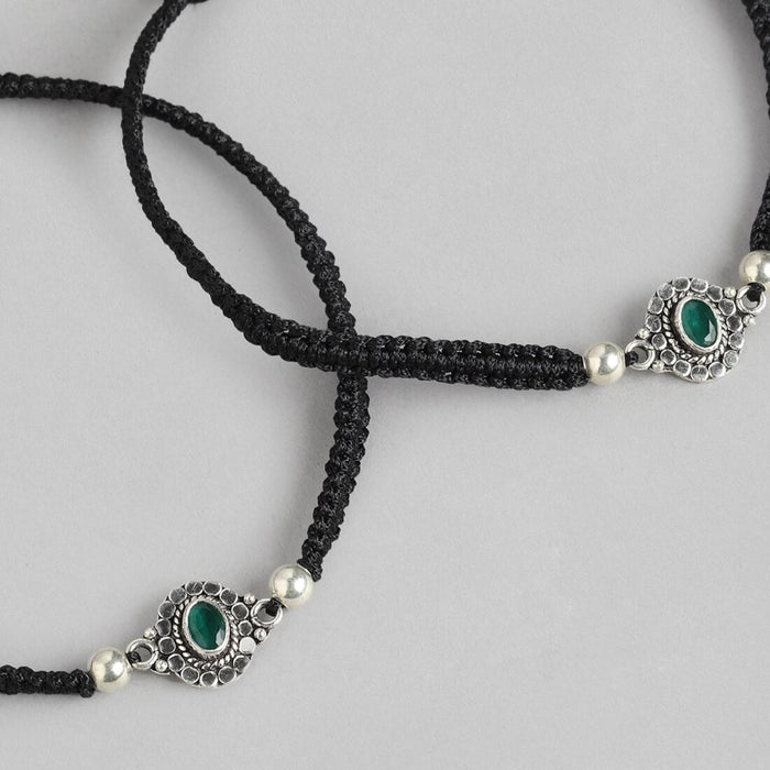 Round Green Stone Rhodium Plated 925 Sterling Silver Drawstring Anklet