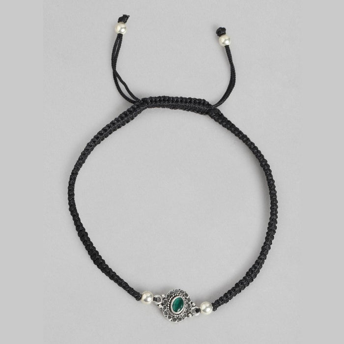 Round Green Stone Rhodium Plated 925 Sterling Silver Drawstring Anklet