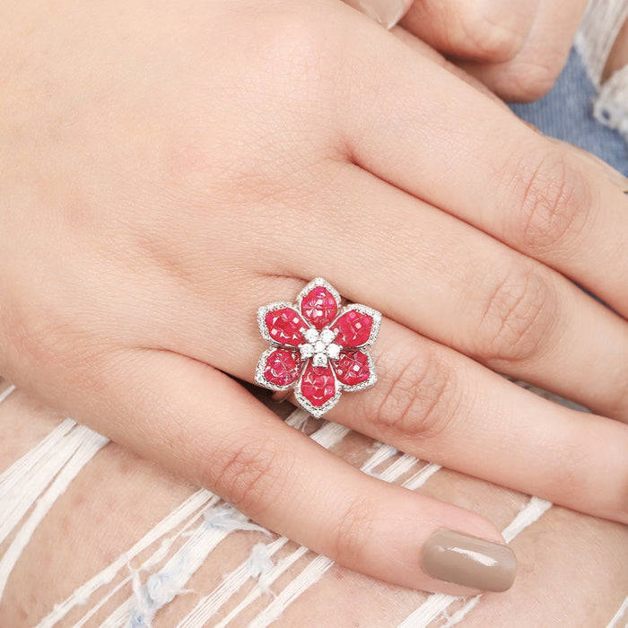 Ruby Blossom Charm Rhodium-Plated 925 Sterling Silver Ring (Adjustable)