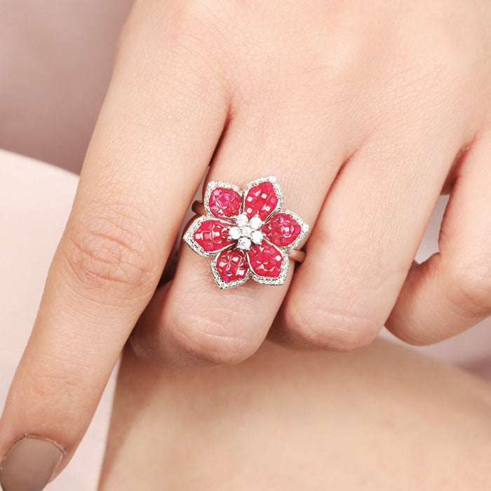 Ruby Blossom Charm Rhodium-Plated 925 Sterling Silver Ring (Adjustable)