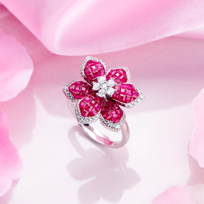 Ruby Blossom Charm Rhodium-Plated 925 Sterling Silver Ring (Adjustable)