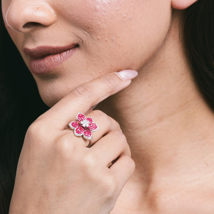 Ruby Blossom Charm Rhodium-Plated 925 Sterling Silver Ring (Adjustable)
