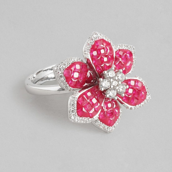 Ruby Blossom Charm Rhodium-Plated 925 Sterling Silver Ring (Adjustable)