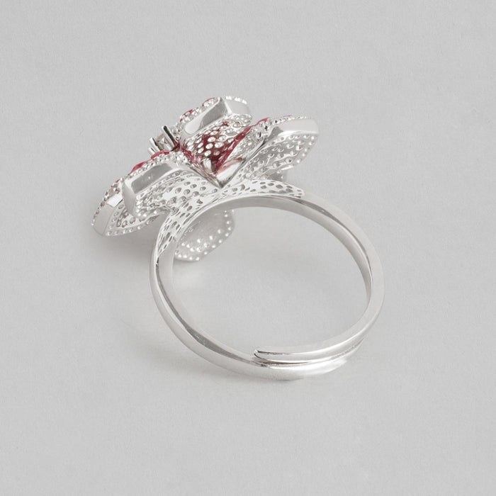 Ruby Blossom Charm Rhodium-Plated 925 Sterling Silver Ring (Adjustable)