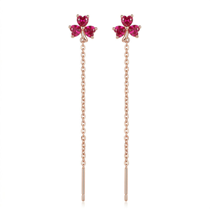 Ruby Clover Chain Drop Rose Gold Plated 925 Sterling Silver Earrings