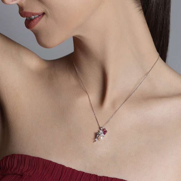 Ruby Clover Lady 925 Sterling Silver CZ Necklace (Zavya Signature)