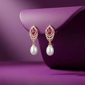 Ruby-Coloured Leaf Drop Pearl Rose Gold Plated 925 Sterling Silver Earrings