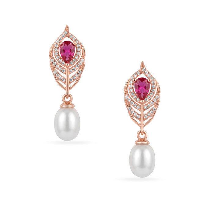 Ruby-Coloured Leaf Drop Pearl Rose Gold Plated 925 Sterling Silver Earrings