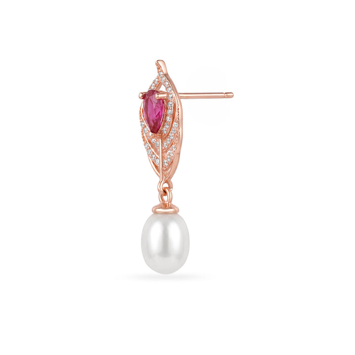 Ruby-Coloured Leaf Drop Pearl Rose Gold Plated 925 Sterling Silver Earrings
