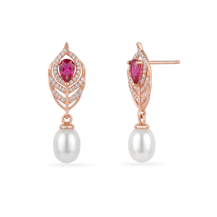 Ruby-Coloured Leaf Drop Pearl Rose Gold Plated 925 Sterling Silver Earrings