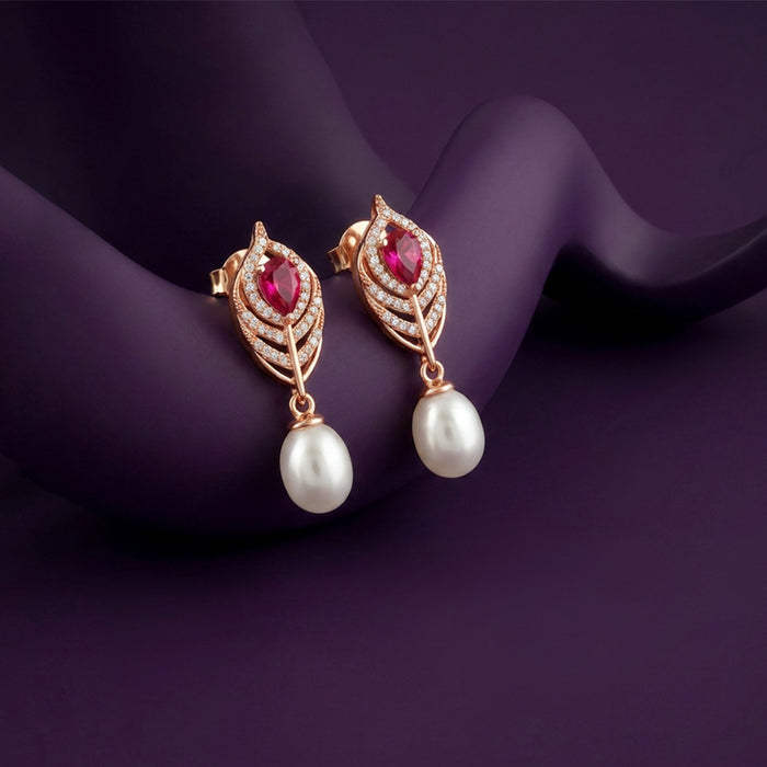 Ruby-Coloured Leaf Drop Pearl Rose Gold Plated 925 Sterling Silver Earrings