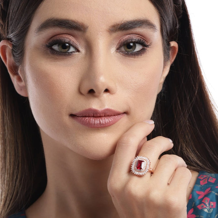 Ruby CZ Studded 925 Sterling Silver Ring In Rose Gold for Women (Adjustable)