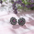 Ruby Flower Oxidised 925 Sterling Silver Earrings