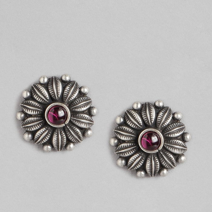 Ruby Flower Oxidised 925 Sterling Silver Earrings