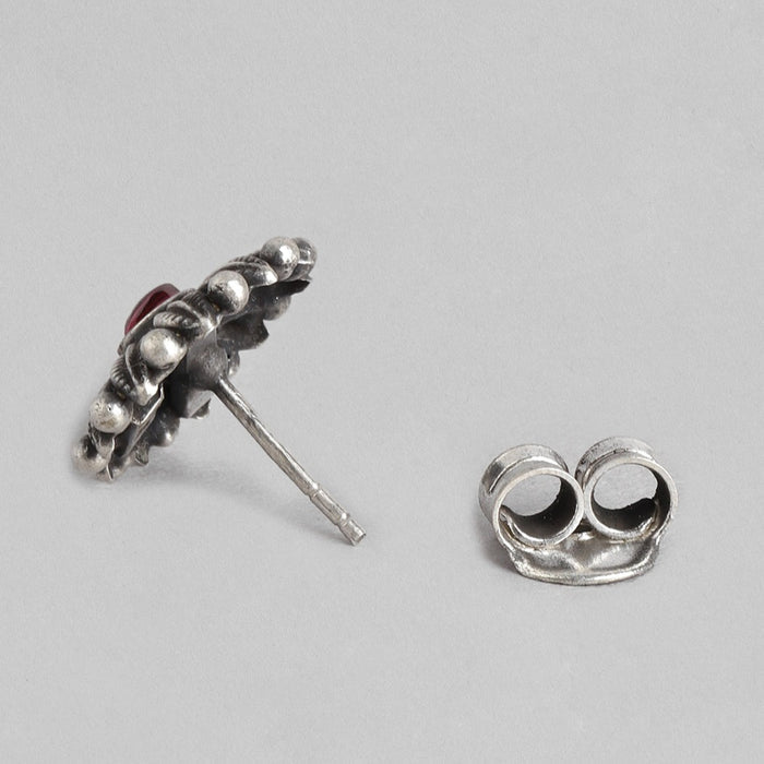 Ruby Flower Oxidised 925 Sterling Silver Earrings